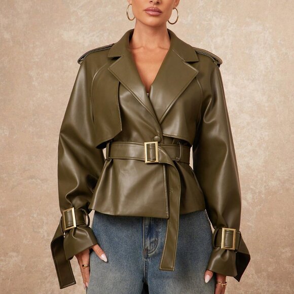 Army Green Casual Women's Long Sleeve faux leather mini Trench Coat - Picture 1 of 7